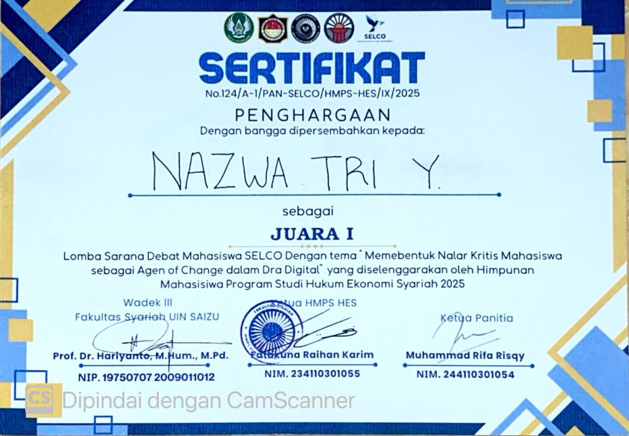 Sertifikat Juara 1 Lomba Sarana Debat Mahasiwa SELCO
