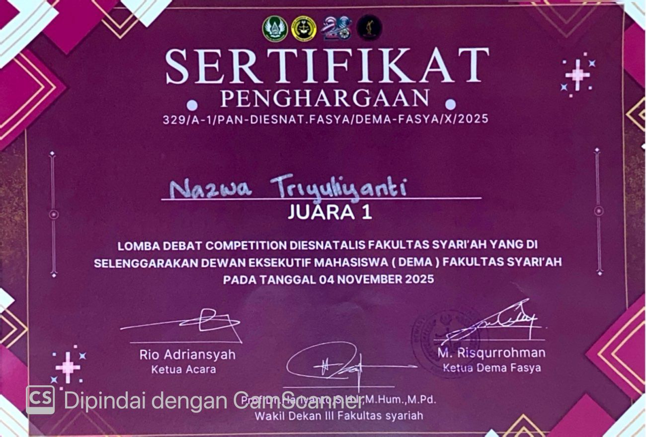 Sertifikat Juara 1 Lomba Debat Konstitusi Diesnatalis Fakultas Syariah