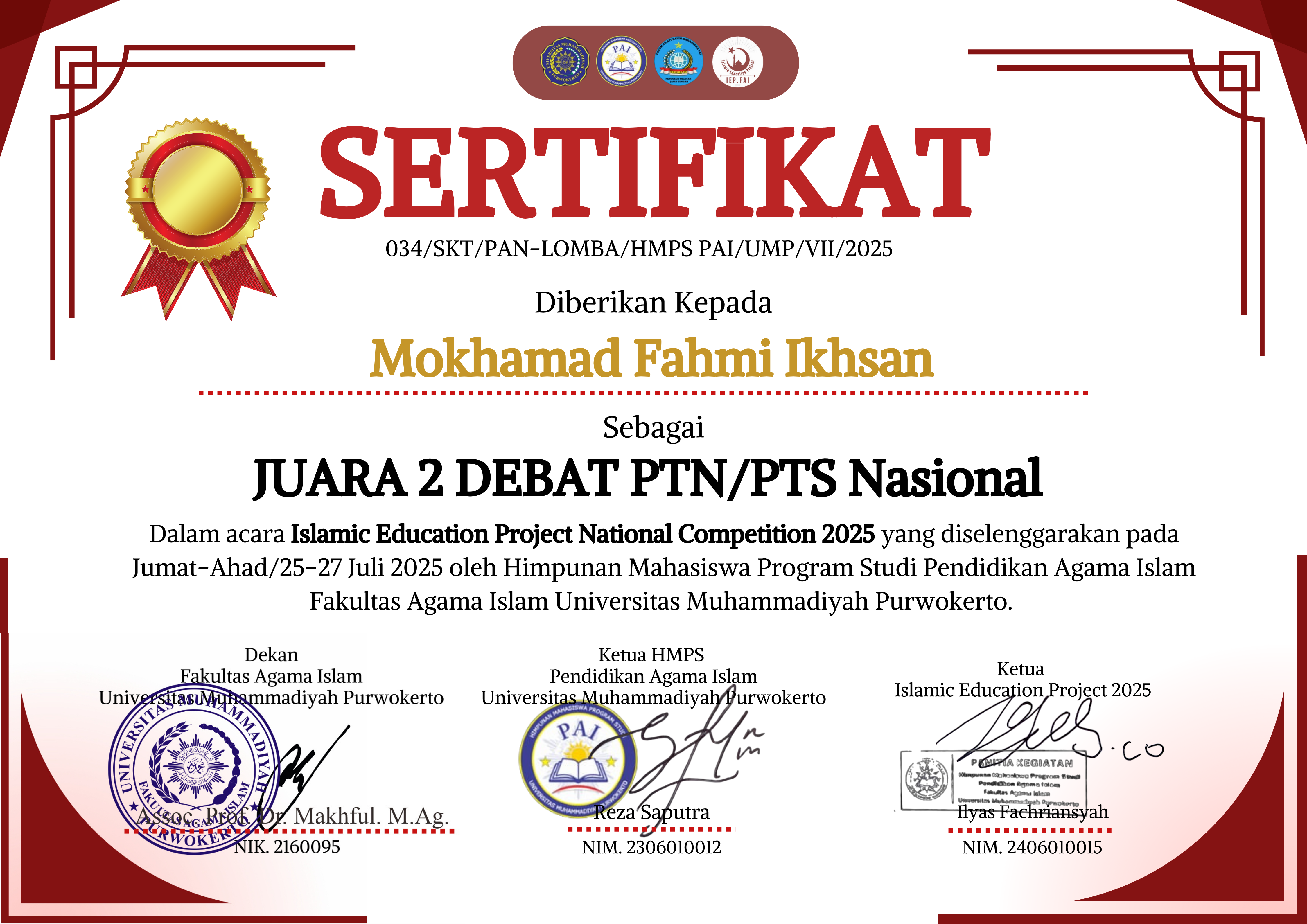Sertifikat Juara 2 Lomba Debat tingkat PTN/PTS Nasional