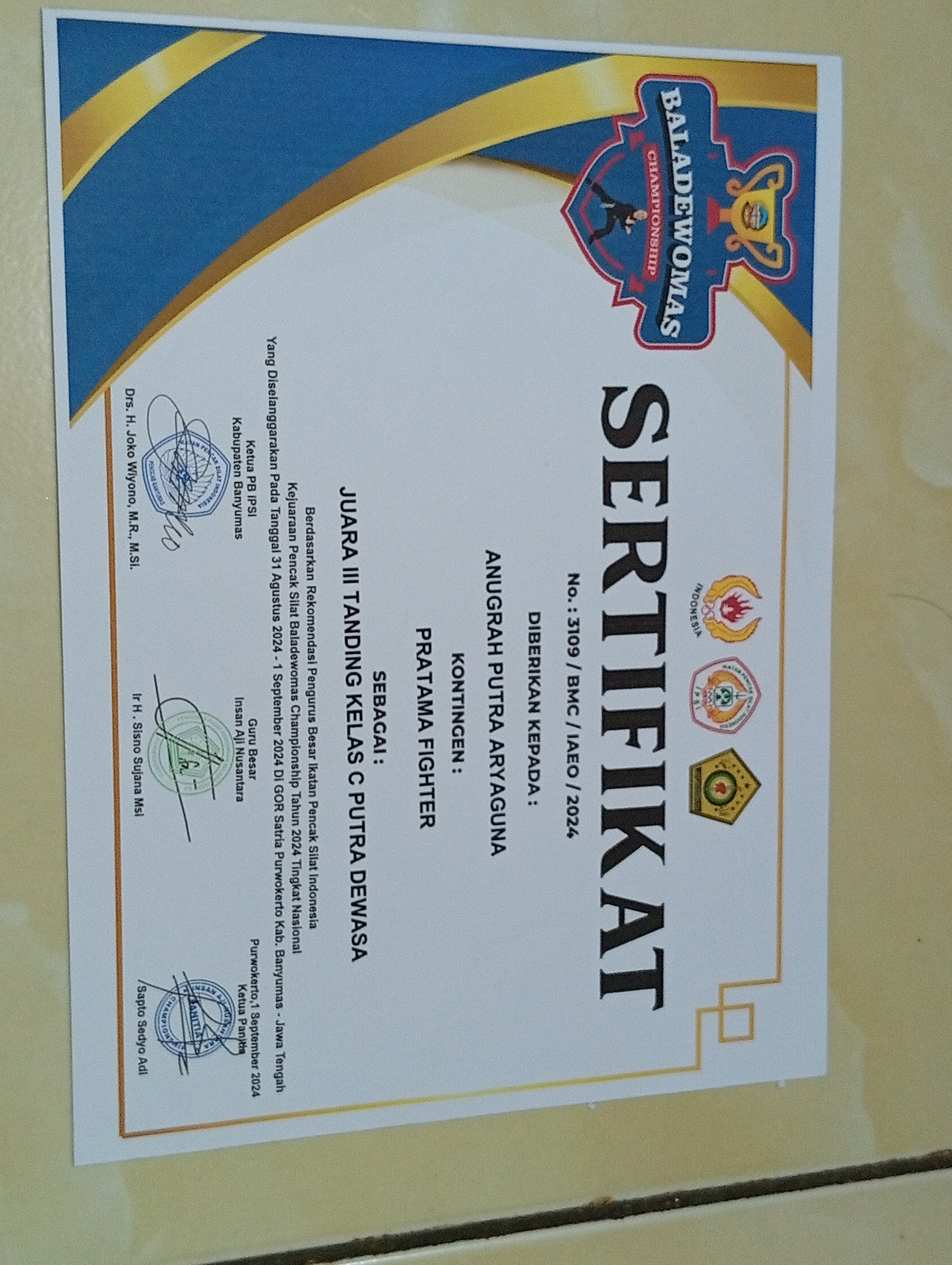 Sertifikat Juara 3 (Medali Perunggu) Kejurnas Pencak Silat Baladewomas Championship 
